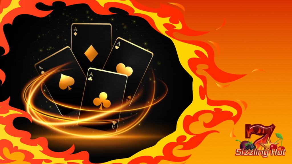 Automat do gry Sizzling Hot przedstawia cztery świecące karty do gry z asami