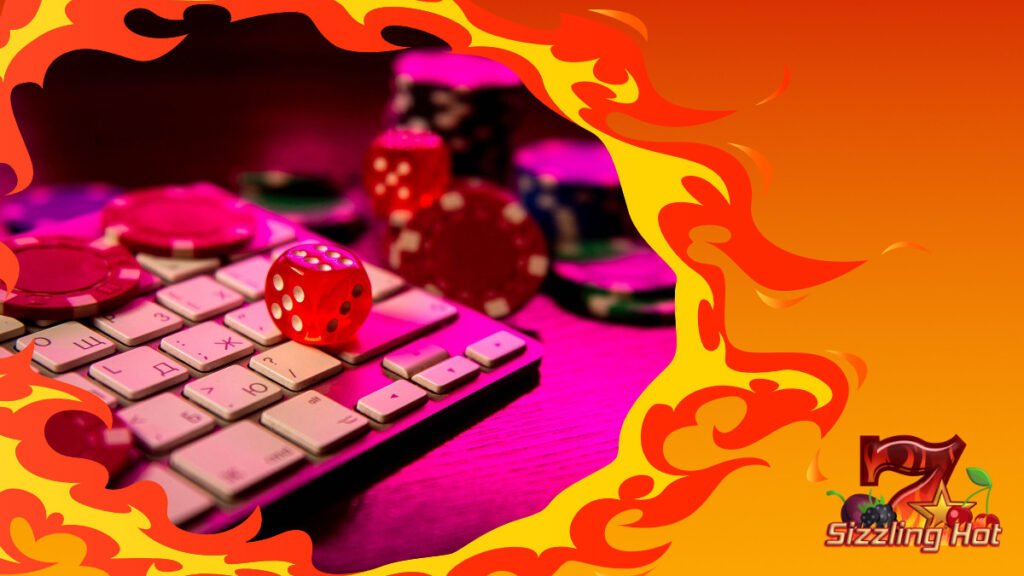 Keyboard with dices and poker chips. Sizzling hot logo is visible at the bottom right